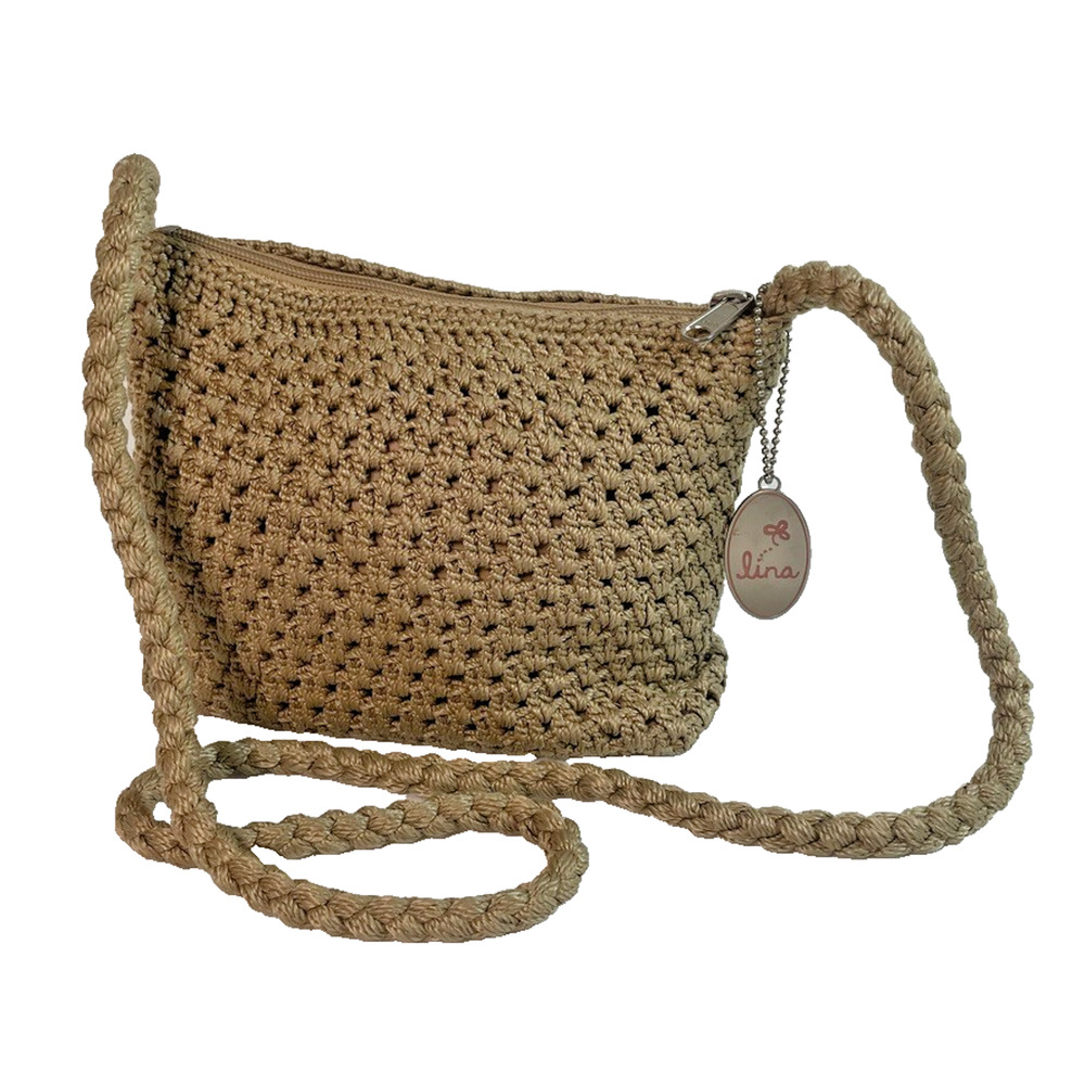 Lina Crochet Shoulder Bag Purse Tan Brown Hobo Boho Crossbody w/Charm